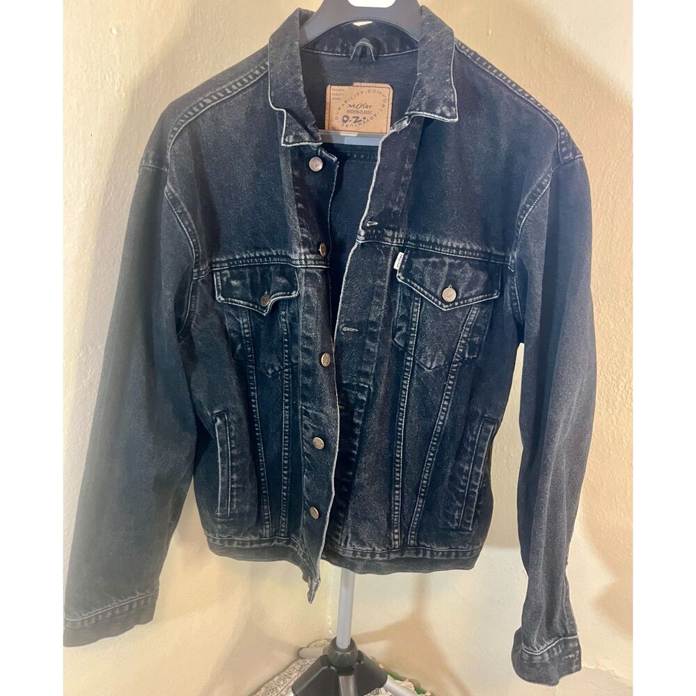 Vtg 90s MOTOR Modern-Classic Black Denim Trucker Jacket O.Z. 301 Biker Size L